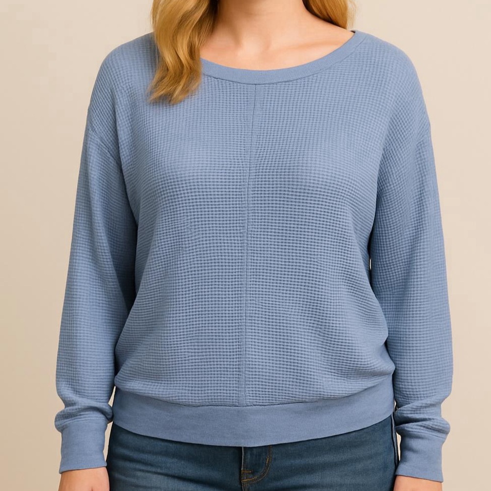 Status by Chenault Denim Blue Waffle Knit Long Sleeve Dolman Sweater Size M